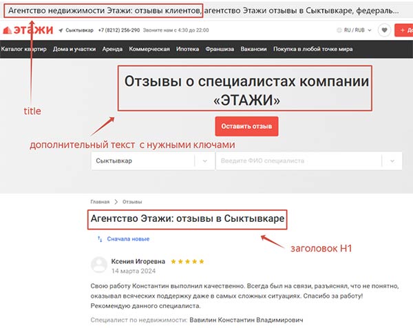 Страница с отзывами клиентов об агентстве недвижимости Этажи